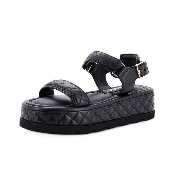 Chanel Women's Logo Velcro Strap Wedge Sandals Quilted Leather Black - Picture 1 of 4